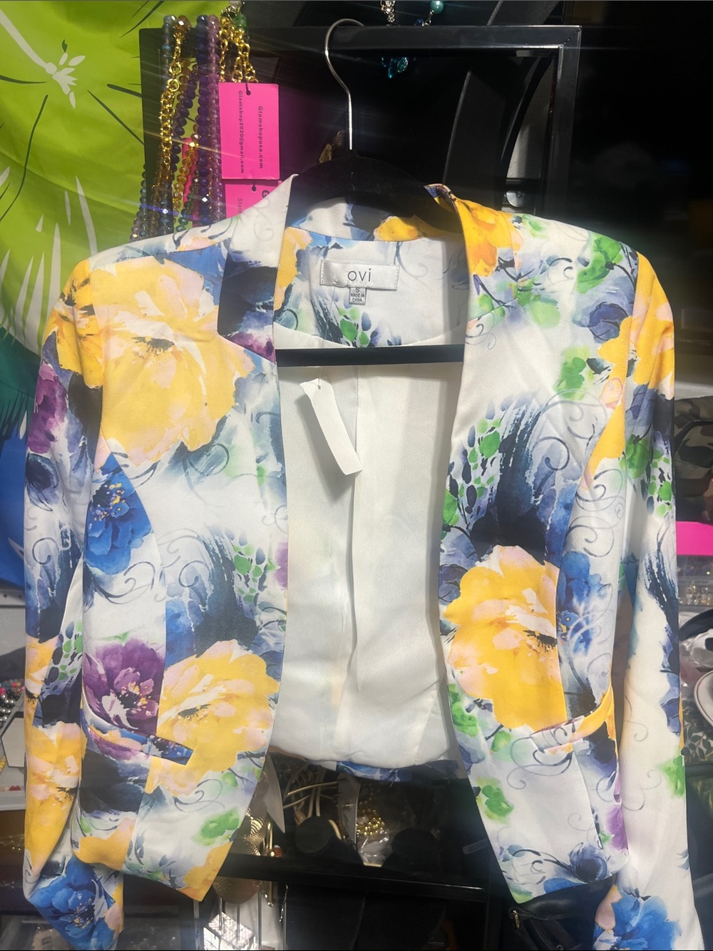 Ovi Yellow, Blue & Green Floral Cropped Blazer